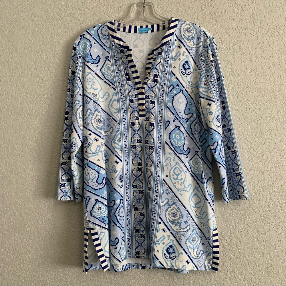 J McLaughlin Top Biscayne Catalina Cloth Womens L Printed Tunic Preppy Coastal
